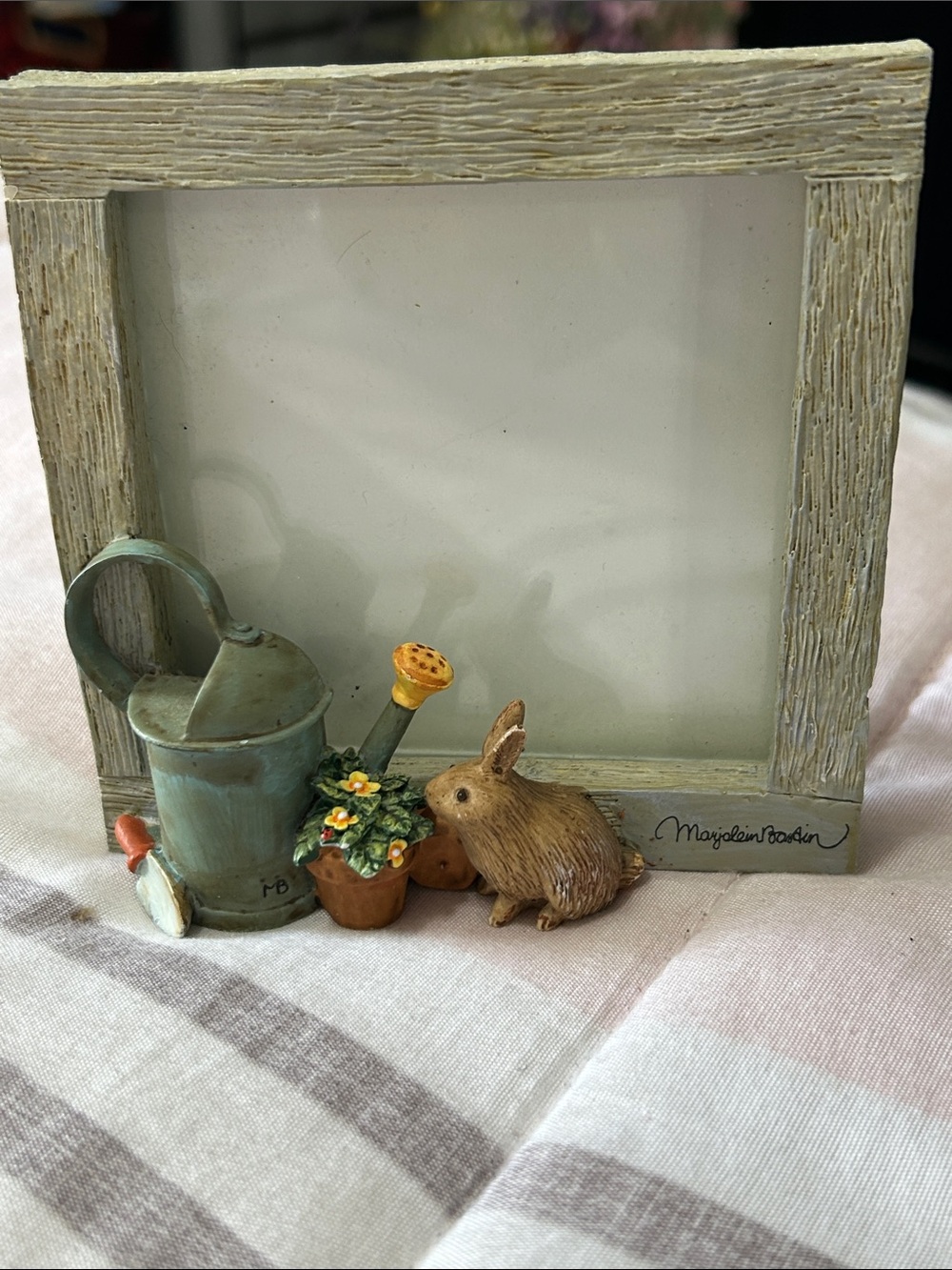 Wood Frame with Watering Can, Potted Flowers & Bunny Figurine Picture Frame New